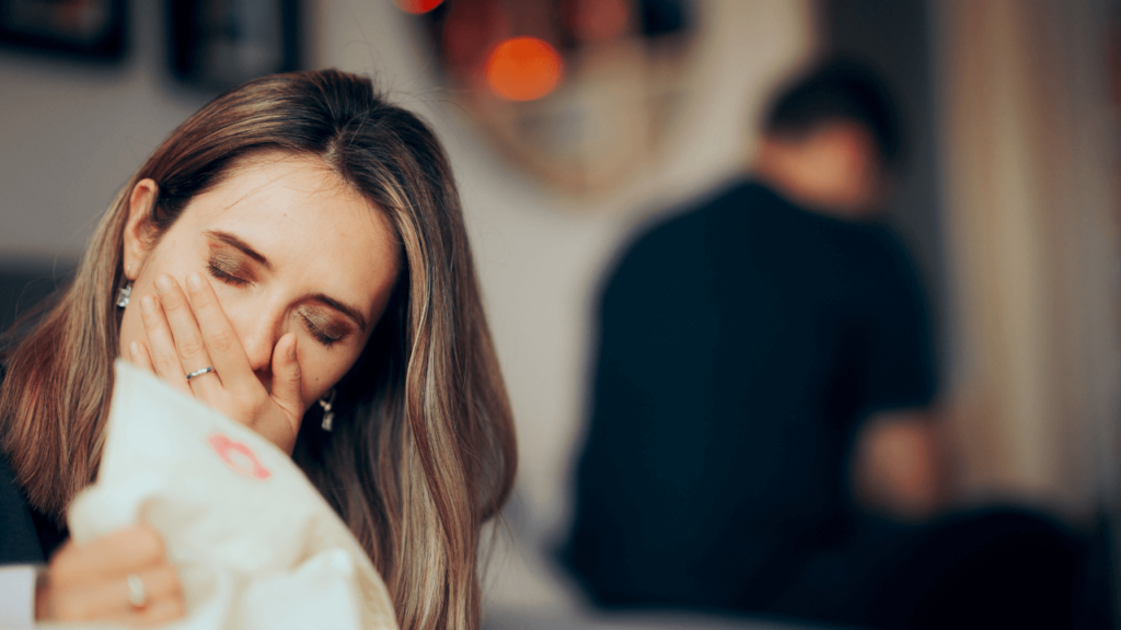 Wife turning away from her husband while crying