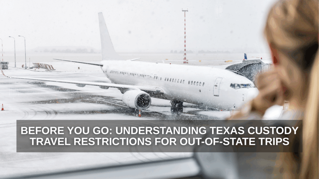 A woman looks out an airport window at a snow-covered runway where a passenger airplane is preparing for departure