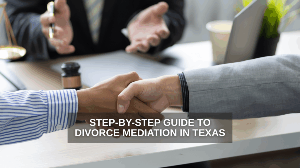 Two people shake hands across a desk during a mediation meeting, with a mediator speaking in the background, symbolizing the cooperative nature of divorce mediation in Texas.