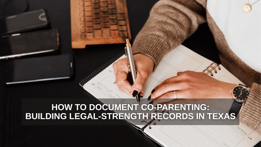 A person writes detailed notes in a planner beside several smartphones and a laptop, symbolizing the process of organizing and documenting co-parenting records in Texas.