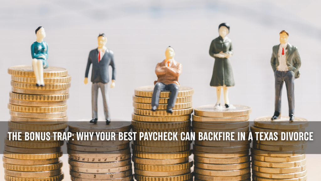 Miniature business figures standing and sitting on stacks of coins, representing how bonus income in a Texas divorce can impact financial outcomes such as child support and obligations.