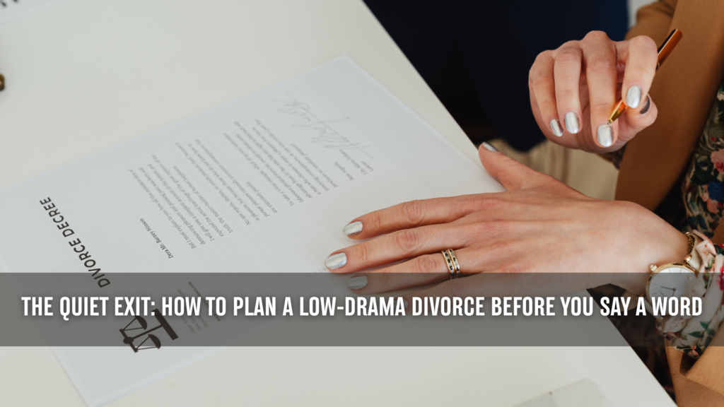Close-up of a woman signing a divorce decree with a pen, representing how to plan a low conflict divorce in Texas with a calm, intentional approach.