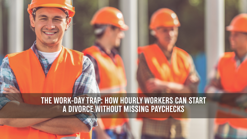 Hourly construction workers in safety vests and hard hats standing together on a job site, representing Texas divorce for hourly workers and balancing work with legal planning.