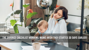 Working mother balancing childcare and work responsibilities while holding a baby and using a laptop at home, representing the challenges of preparing for divorce, parenting, and managing family responsibilities.