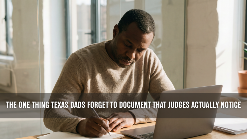Father sitting at a desk with a laptop and notebook, reviewing and documenting information, representing a working dad preparing for a child custody case and keeping records of his involvement in his child's life.