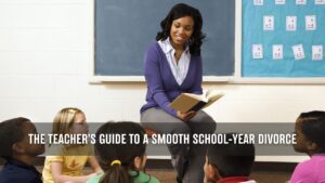 Elementary school teacher reading a book to students seated on the classroom floor with the text "The Teacher's Guide to a Smooth School-Year Divorce" overlaid on the image.